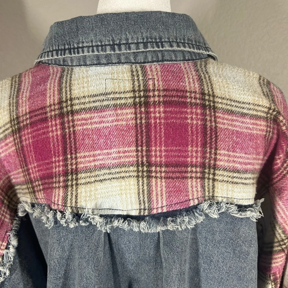Umgee Boho Oversized Baggy Distressed Fringe Washed Denim & Plaid Shacket Sz M